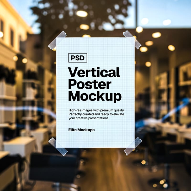 Vertical Poster on Glass Window Mockup PSD