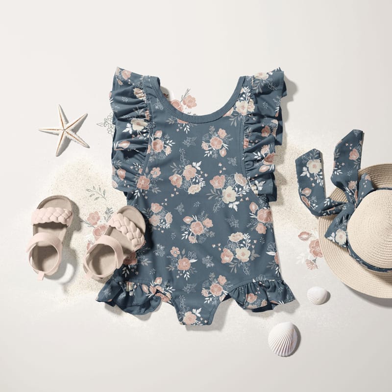 Baby Ruffle Swimsuit and Hat Apparel Mockup PSD