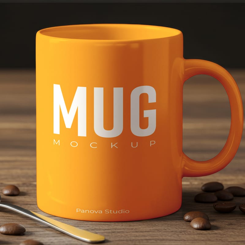 Coffee Mug on Wooden Table Mockup PSD