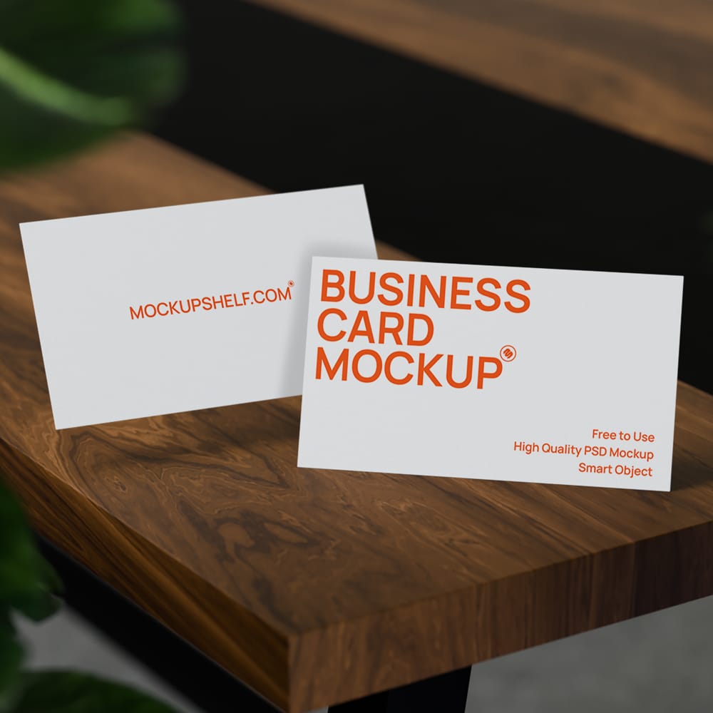 Free Clean Business Card Mockup on Wooden Table PSD