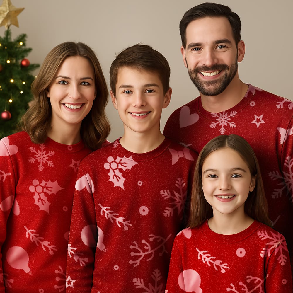 Free Family Wearing Christmas Jerseys Mockup PSD