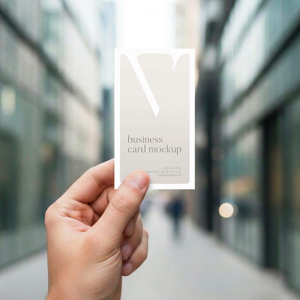 Free Hand Holding Vertical Business Card Mockup PSD