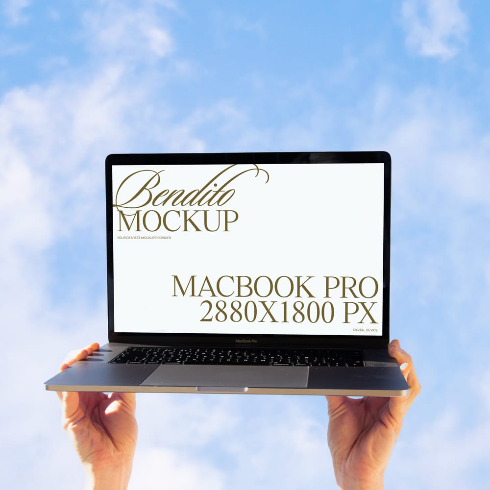 Free Hands Holding MacBook Pro Mockup PSD