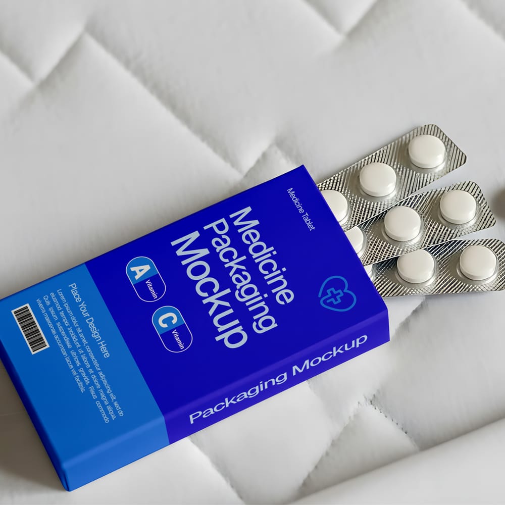 Free Medicine Packaging Mockup with Pills PSD