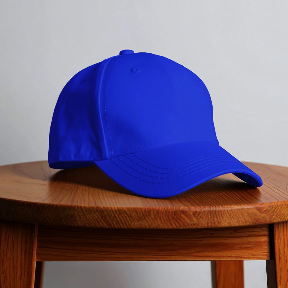 Free Minimalist Baseball Cap Mockup on Wooden Stool PSD