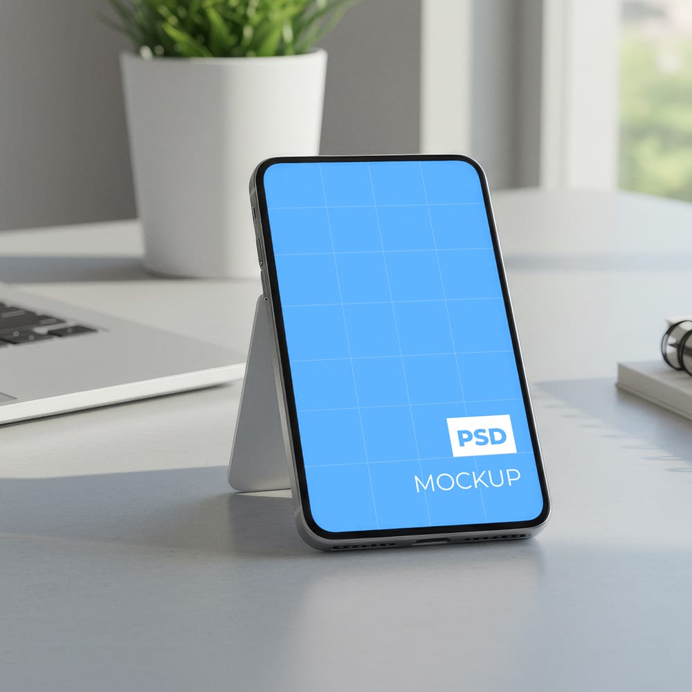 Free Smartphone on Office Desk Mockup PSD