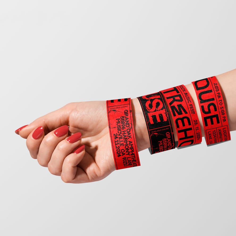 Free Stacked Event Wristbands on Hand Mockup PSD