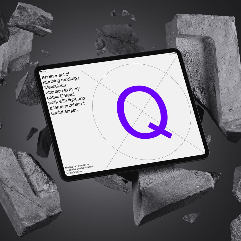 Free iPad Mockup Amidst Floating Concrete Blocks PSD