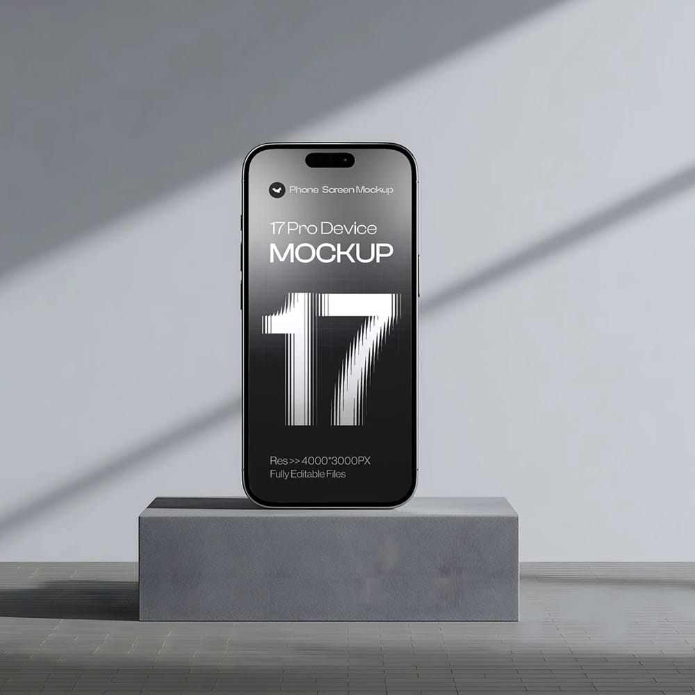 Free iPhone 17 Pro Mockup Set on White Concrete Background PSD