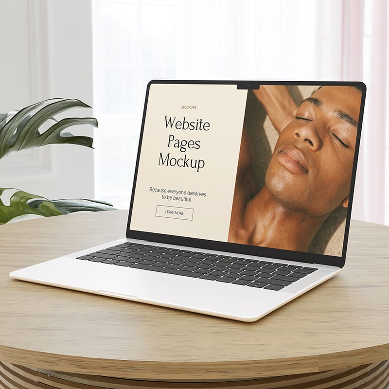 Realistic Laptop Mockup on Wooden Table PSD