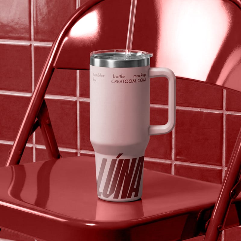 Tumbler Bottle Mockup on Metalic Chair Front View PSD