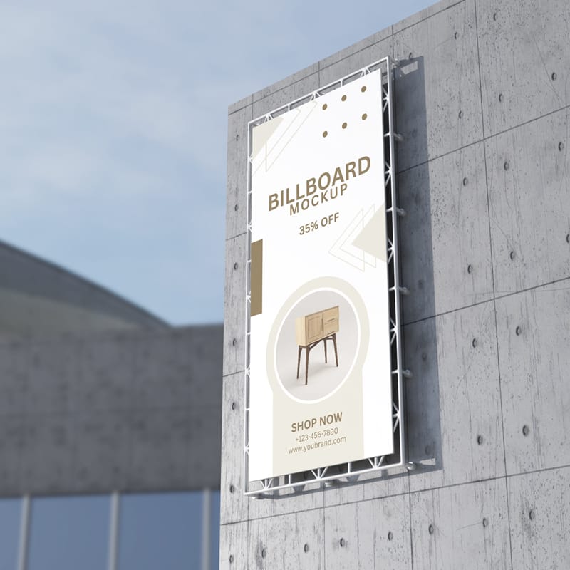 Vertical Building Billboard Mockup on Concrete Wall PSD