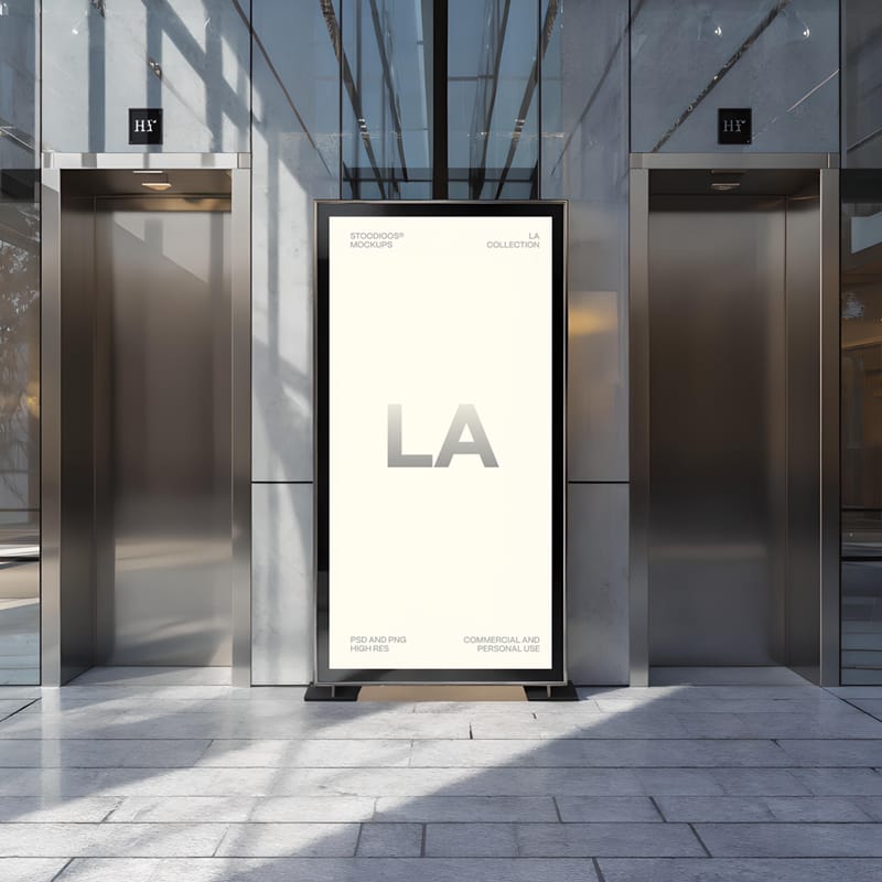 Vertical Digital Signage Mockup in Elevator Hall PSD