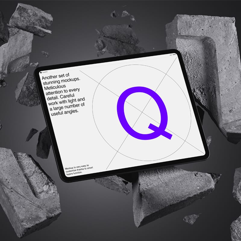 iPad Mockup Amidst Floating Concrete Blocks PSD