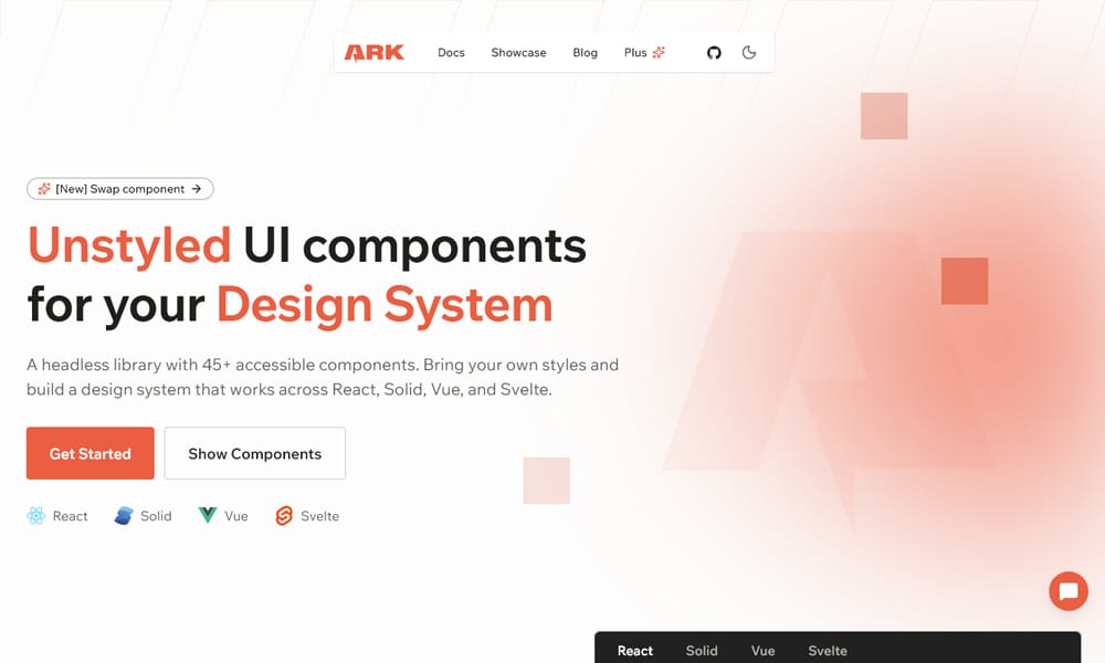 Ark UI multi-framework documentation showing Svelte component examples