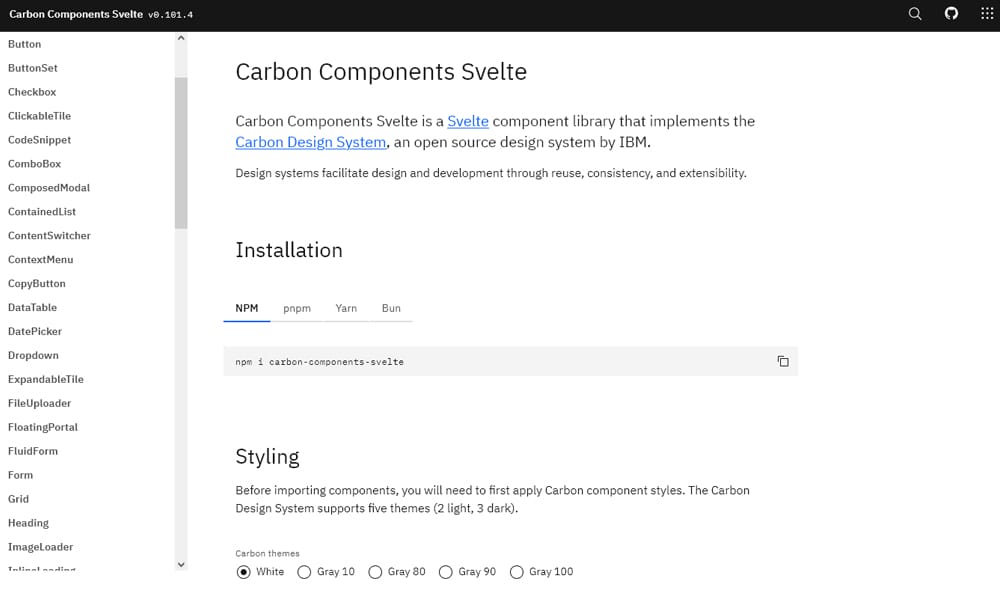 Carbon Components Svelte showing IBM design system data table and form components