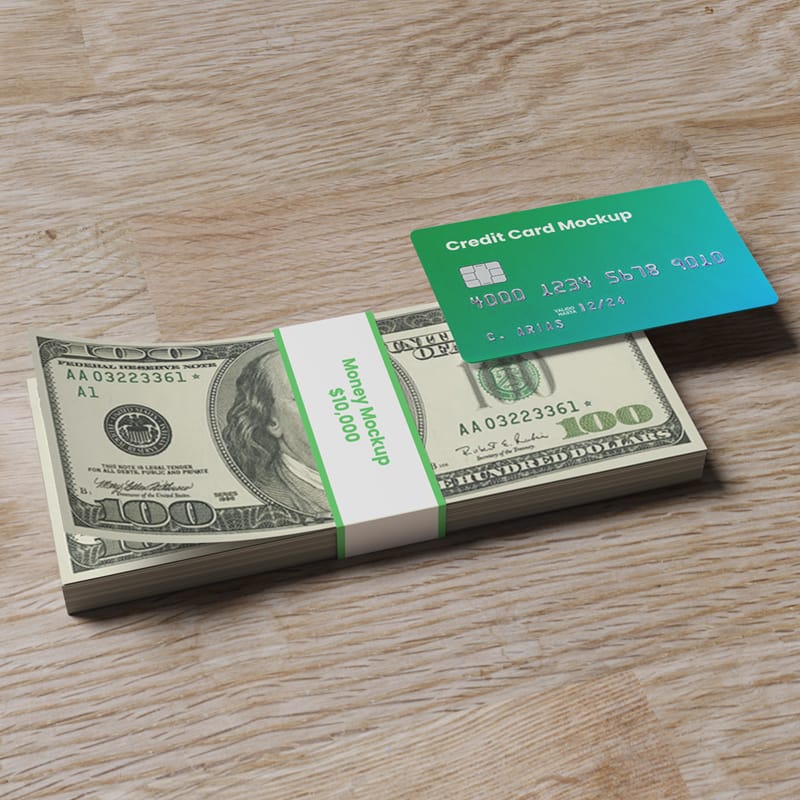 Cash Money and Credit Card Mockup PSD