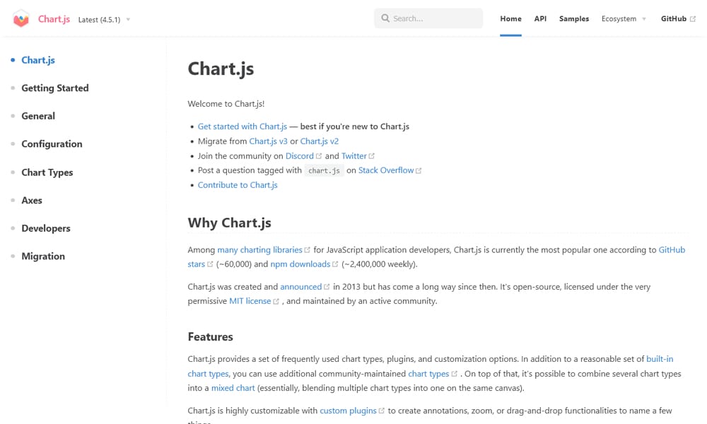 Chart.js documentation showing bar chart and line chart examples