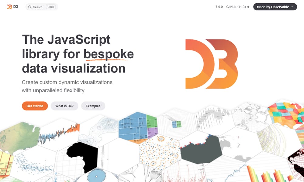 D3.js data visualization examples showing force-directed graph and geographic projection