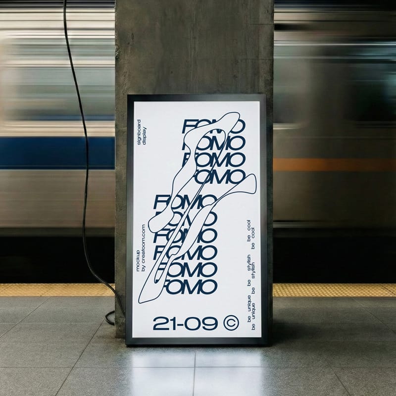 Display Signboard Mockup Standing On A Floor In Subway Front View PSD
