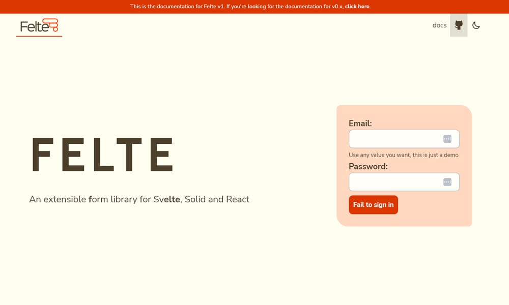 Felte form management library documentation showing schema validation integration