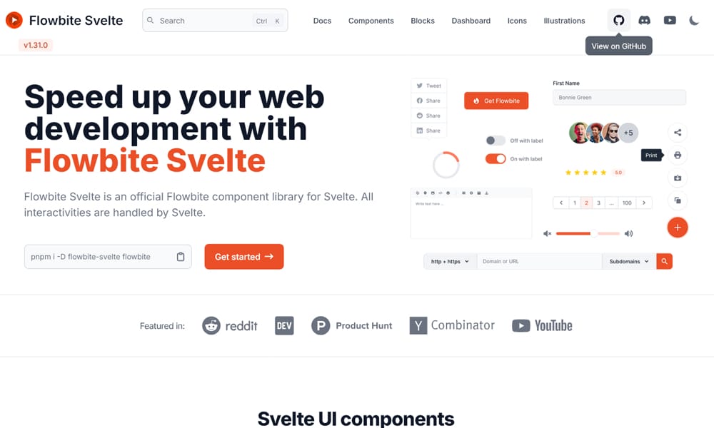 Flowbite Svelte component library showing buttons, modals, and navigation components