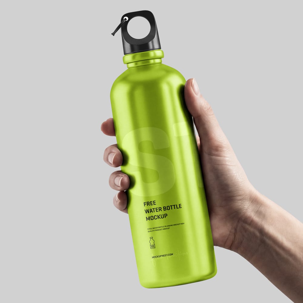 Free Aluminium Water Bottle Holding By Hand Mockup PSD