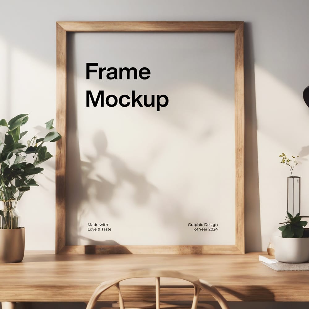Free Realistic Frame Mockup on Wooden Desk PSD