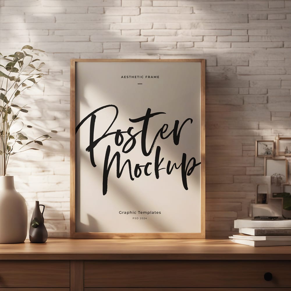 Free Realistic Frame Poster Mockup on Wood Drawer PSD