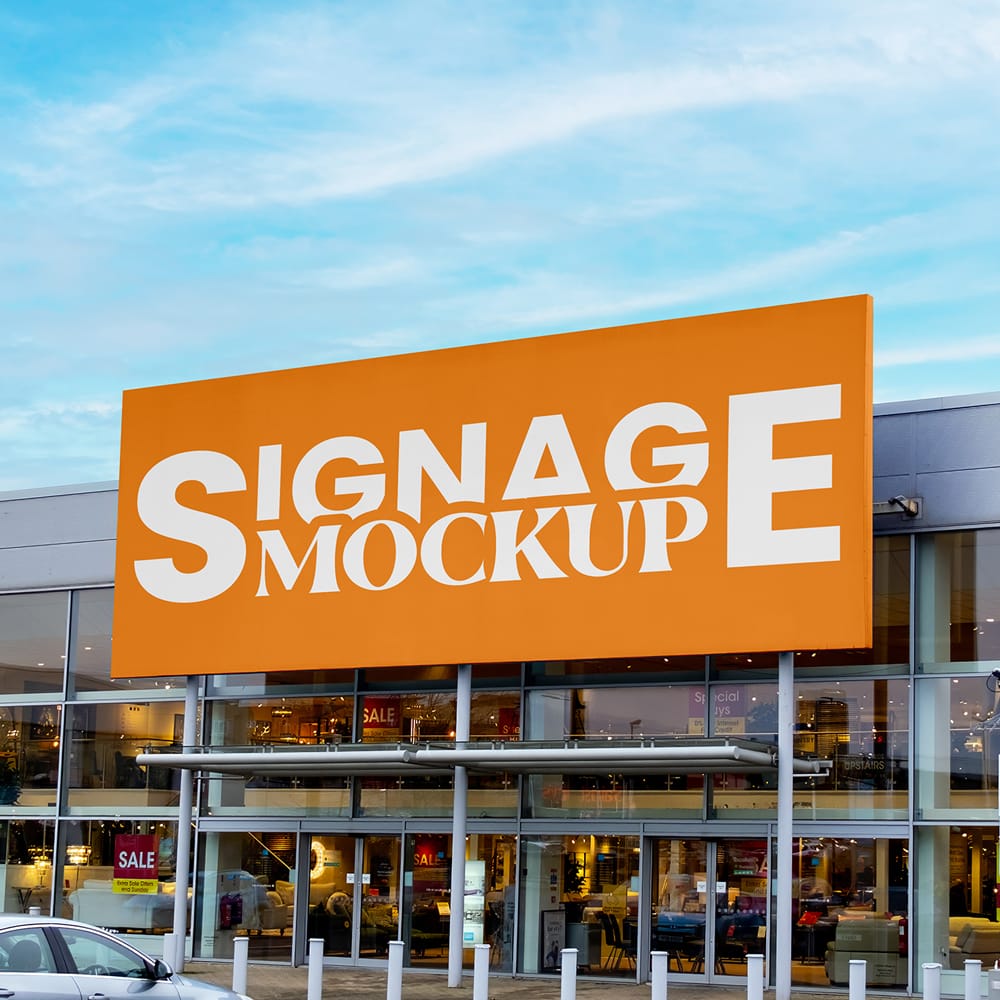 Free Signage on Big Shop Mockup PSD