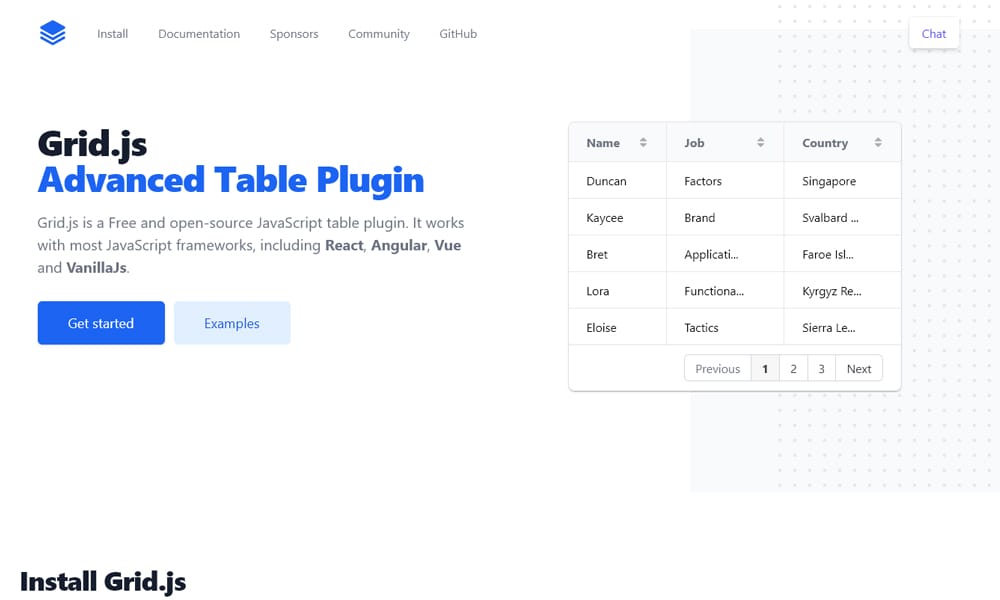 Grid.js simple table library showing clean sortable data table with search