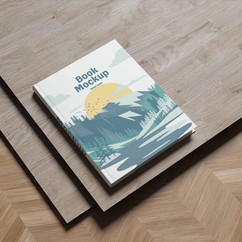 Hardcover Book Mockup on Wooden Surface PSD