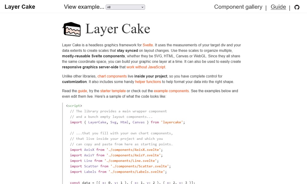 LayerCake Svelte chart library showing layered SVG and canvas chart examples