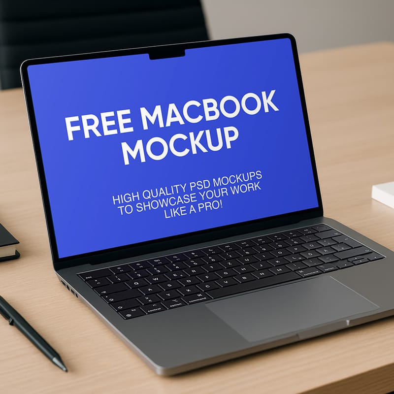 MacBook with Notch on Desk Mockup PSD