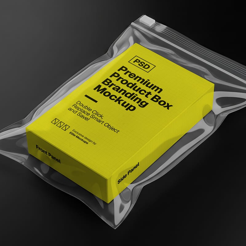 Product Box in Resealable Plastic Bag Mockup PSD