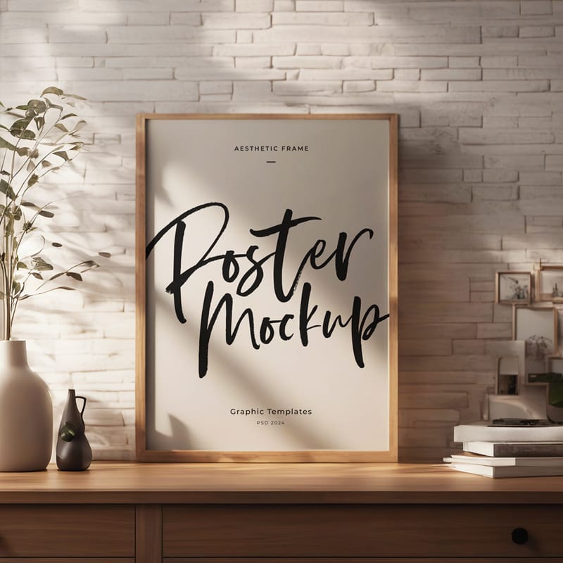 Realistic Frame Poster Mockup on Wood Drawer PSD