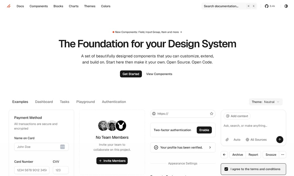 Shadcn Svelte component documentation showing button and dialog variants with dark mode