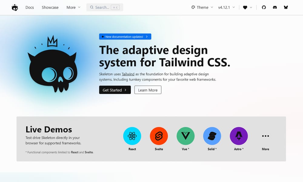 Skeleton v3 design system documentation showing themed components with Tailwind CSS