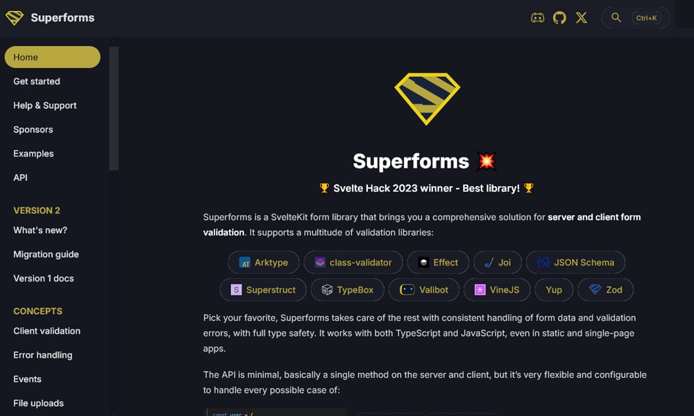 Superforms Svelte form validation library showing SvelteKit action integration