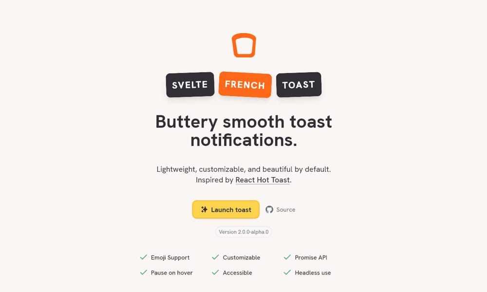 Svelte French Toast notification library showing customizable toast components