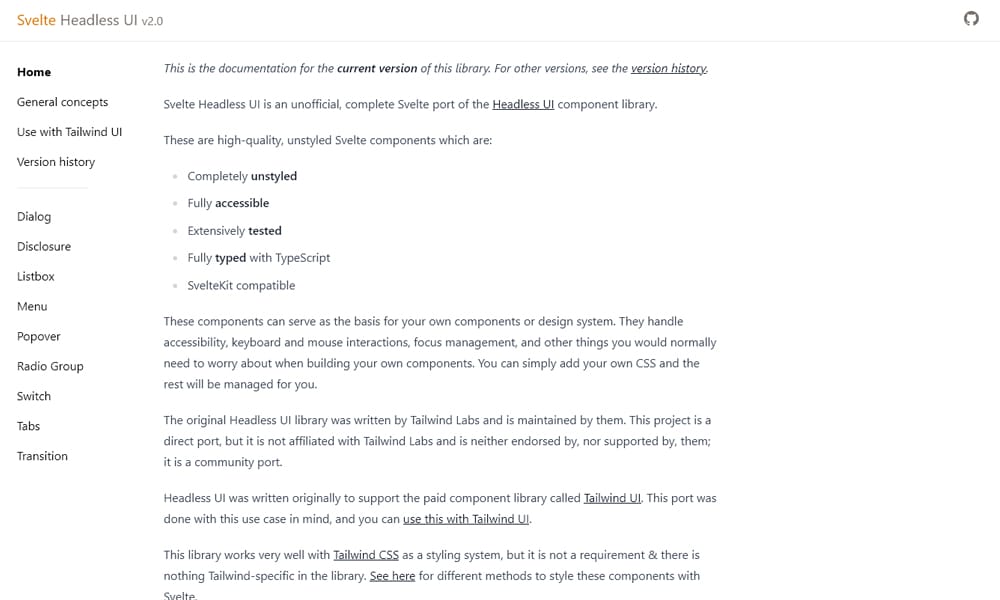 Svelte Headless UI documentation showing Tailwind CSS integration examples