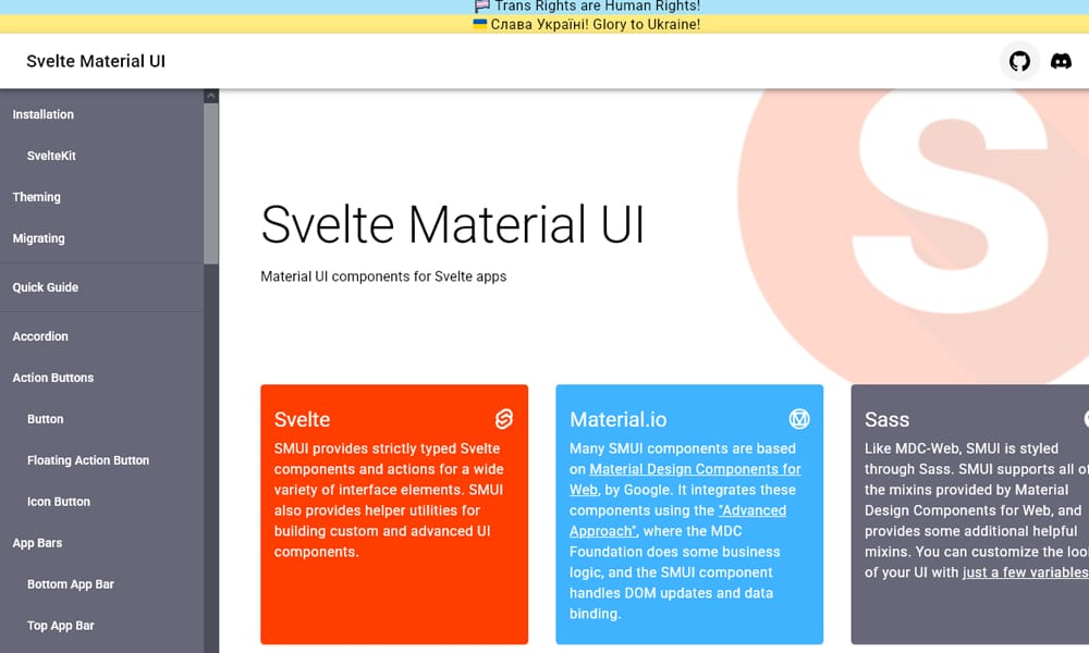 Svelte Material UI components showing Material Design buttons, text fields, and cards