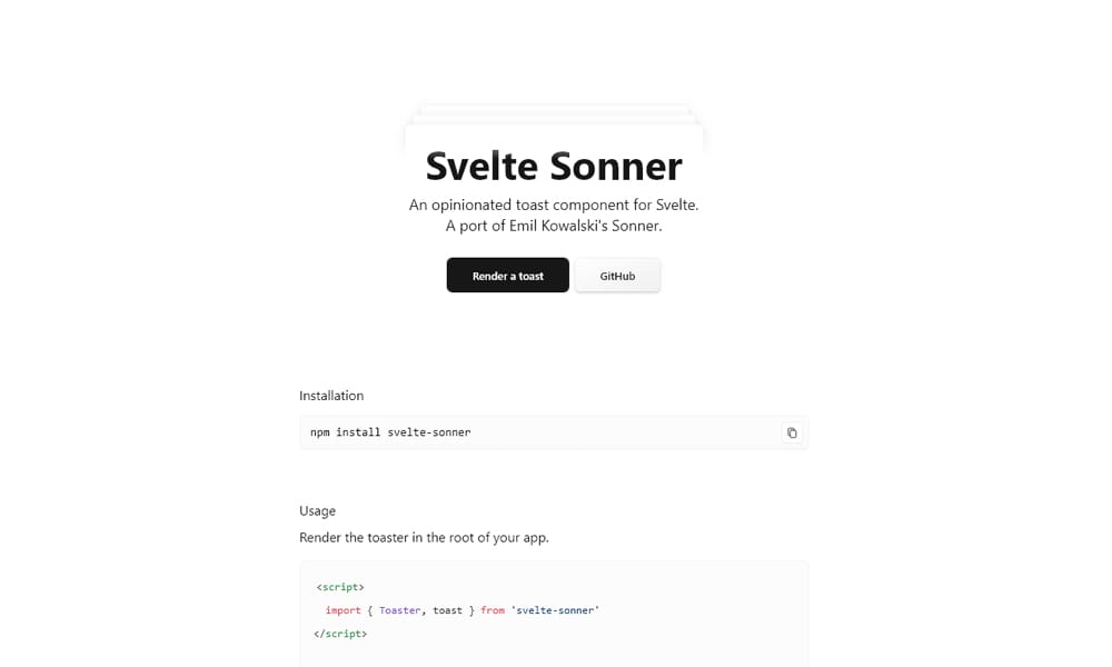 Svelte Sonner toast notification examples showing different variants and positions