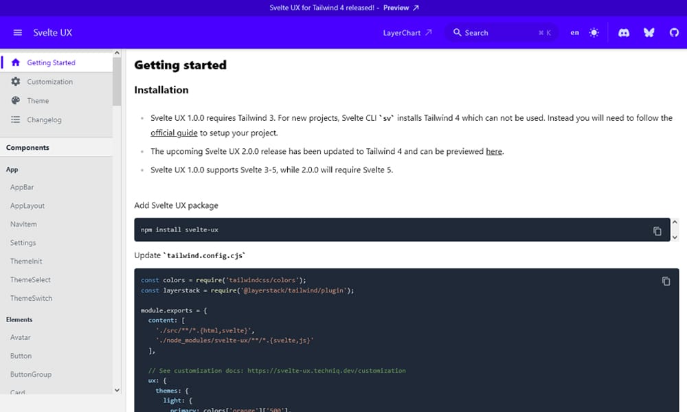 Svelte UX utility component library showing data display and layout components