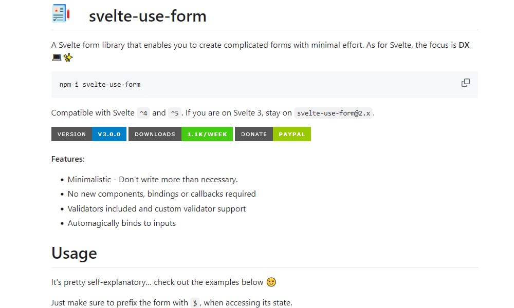 Svelte Use Form library showing action-based form validation implementation