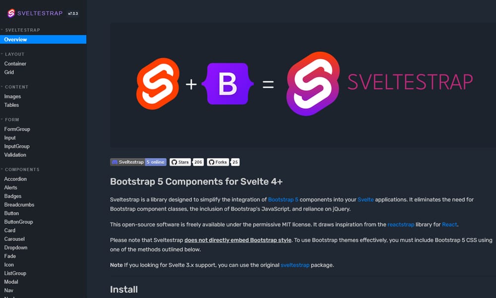 Sveltestrap Bootstrap 5 components showing grid, navbar, and modal examples in Svelte