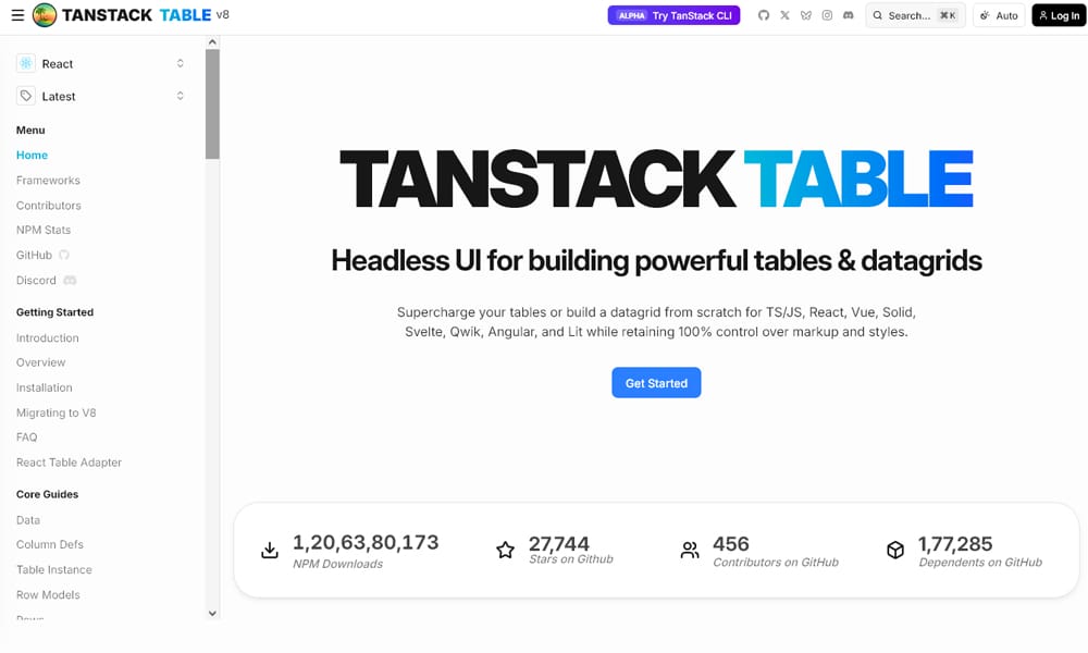 TanStack Table documentation showing headless table implementation with Svelte adapter