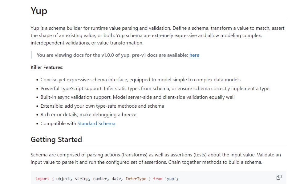 Yup JavaScript schema validation library documentation showing schema definition examples