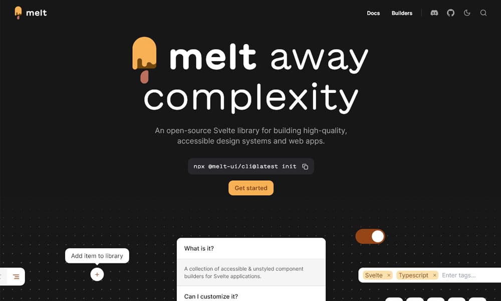 Melt UI builder pattern documentation showing composable component APIs