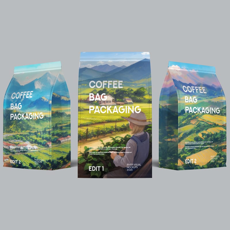 3D Coffee Bag Packaging Mockup Set PSD